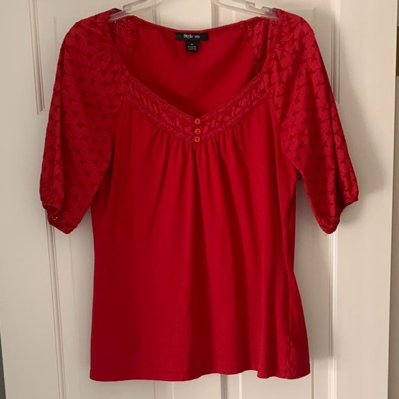 2/$20 Red Shirt with Eyelet Sleeves and Neckline - Size Medium - Picture 1 of 8